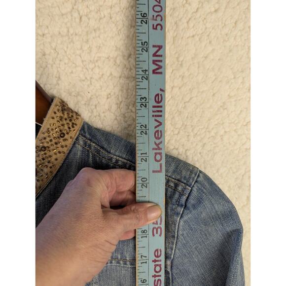 Liz Claiborne 100% Cotton Blue‎ Denim Brown Sequined Jacket Sz L - Picture 4 of 11